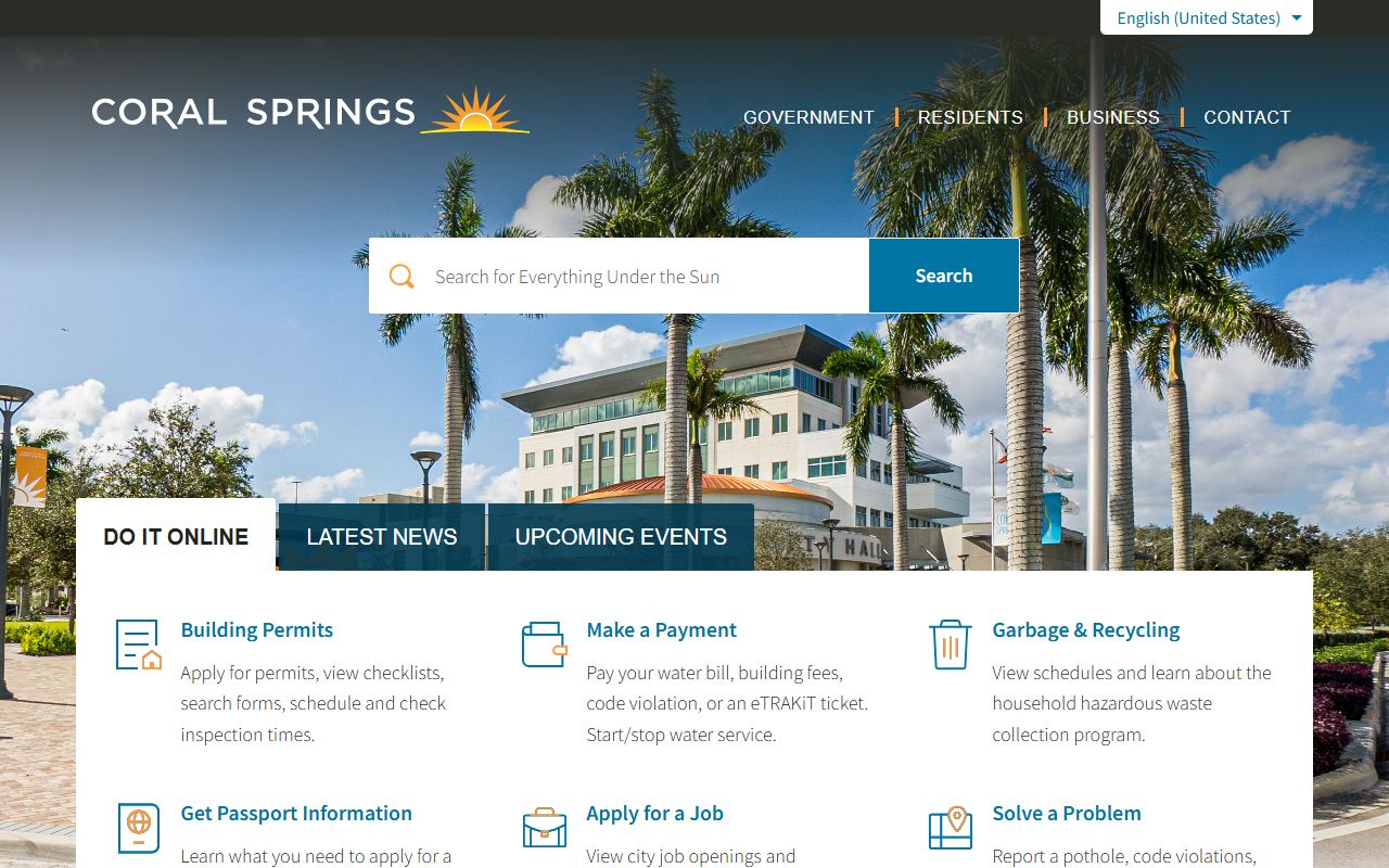 Coral Springs city website homepage with public safety resources