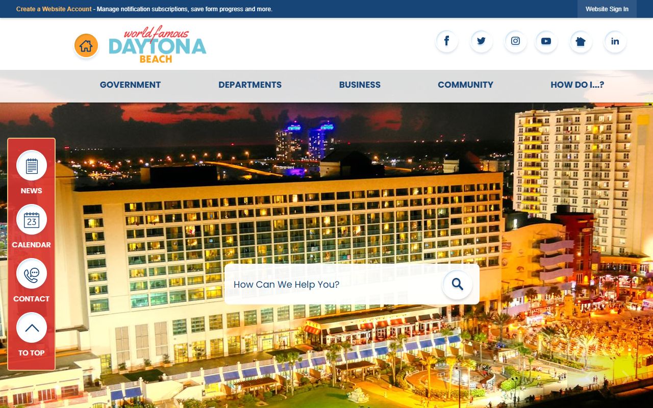Daytona Beach city website homepage showing public safety and city services