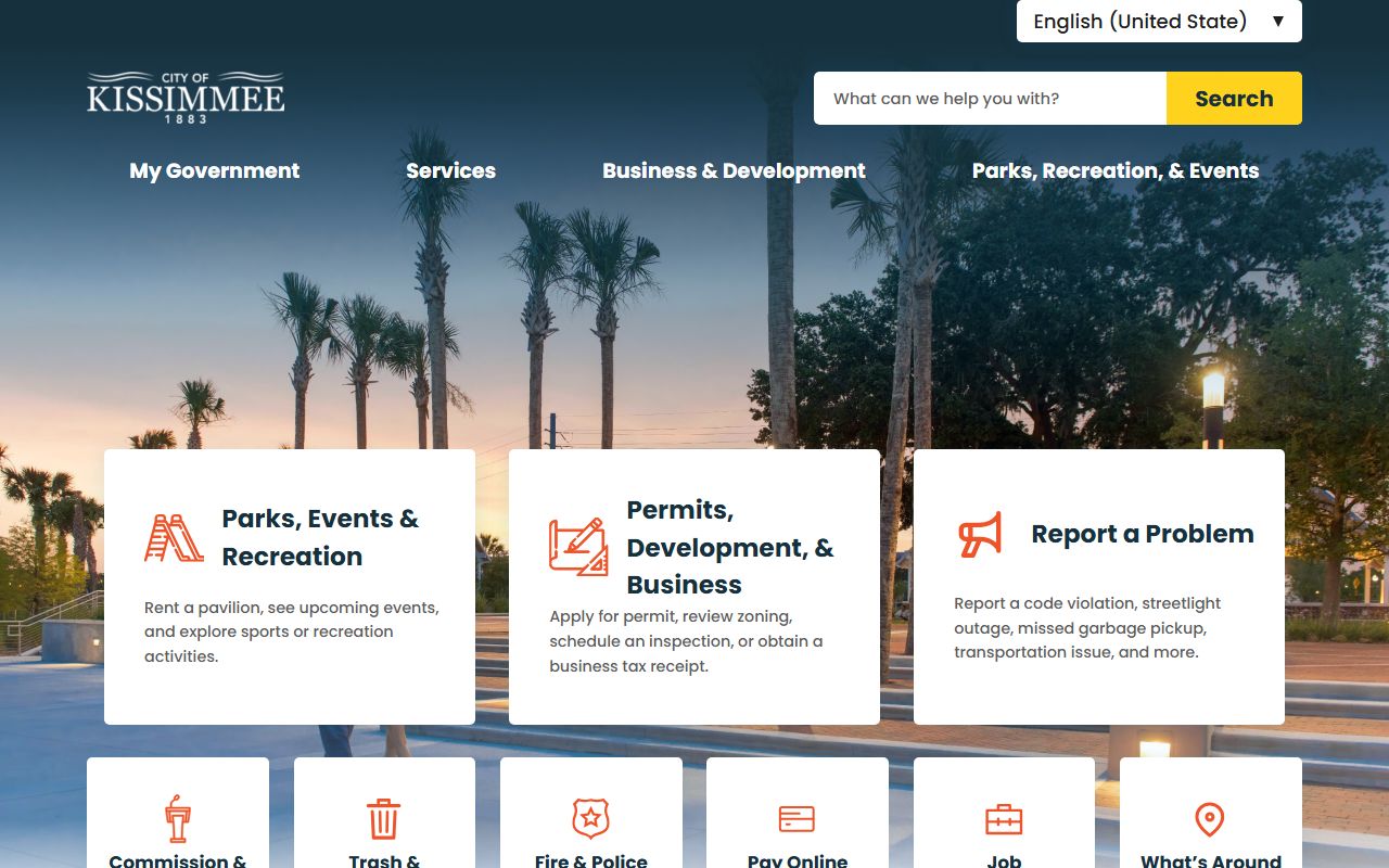 Kissimmee city website homepage showing public services and safety resources