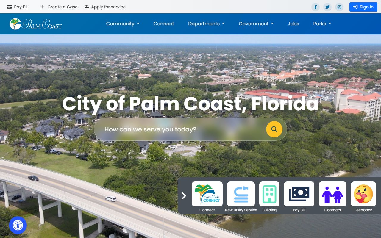 Palm Coast city website homepage showing municipal services and public safety