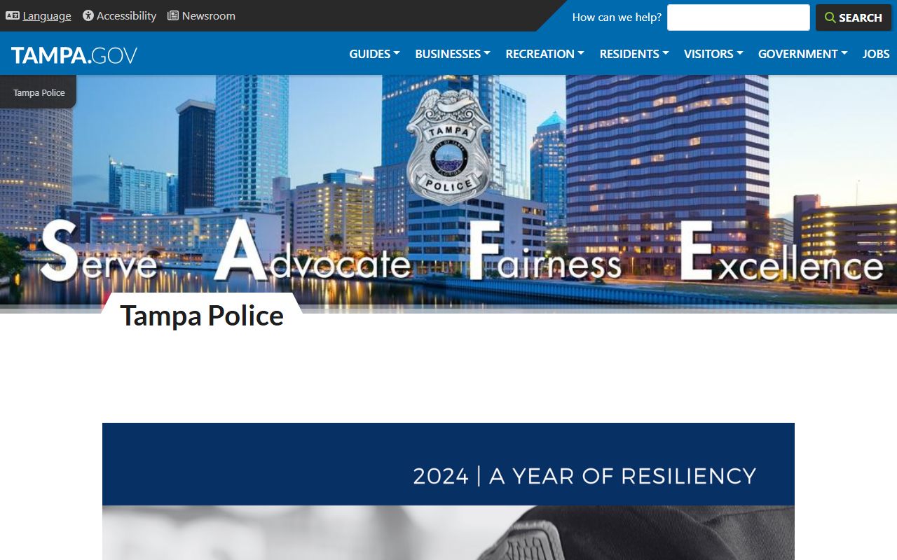 Tampa city website police department page with public safety resources