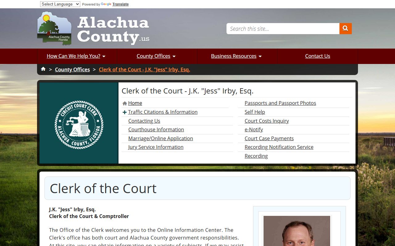 Alachua County Clerk of Court homepage for criminal history records access