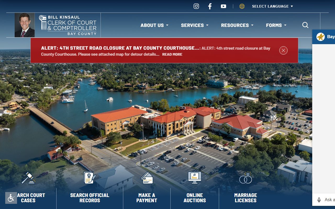 Bay County Clerk of Court homepage for criminal history records access