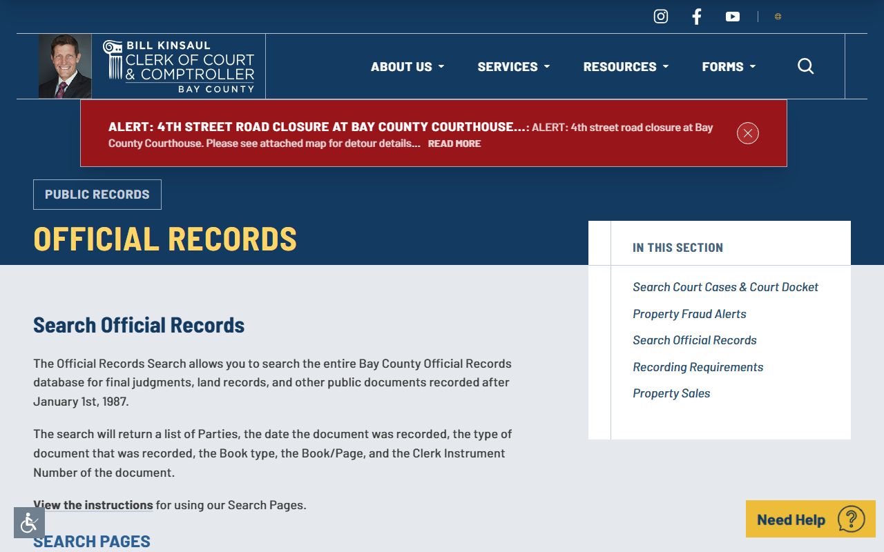 Bay County Clerk court records page for criminal history searches