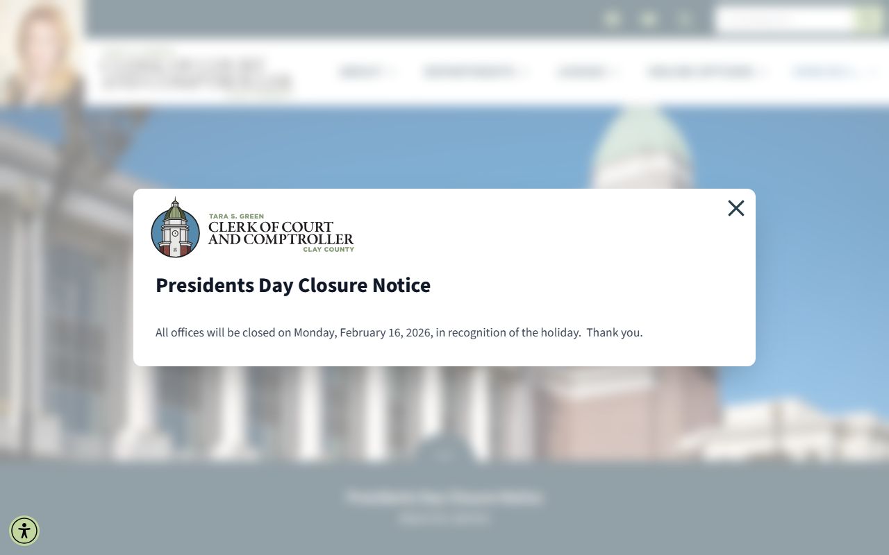 Clay County Clerk of Court homepage for criminal history records access