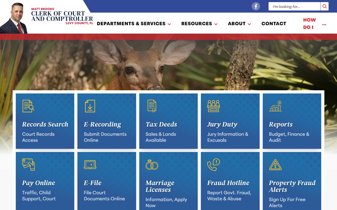 Levy County Clerk of Court homepage for criminal history records access