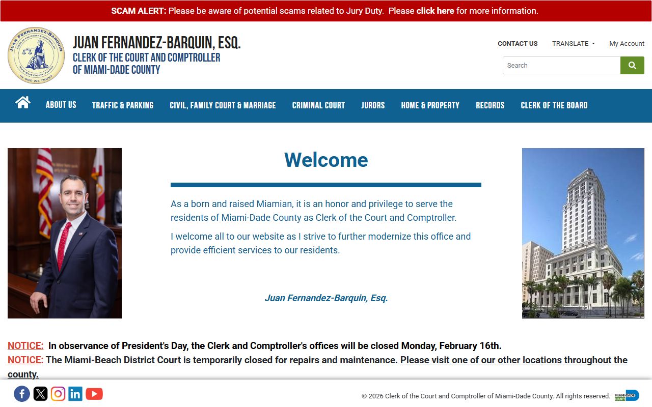 Miami-Dade County Clerk of Court homepage for criminal history records access