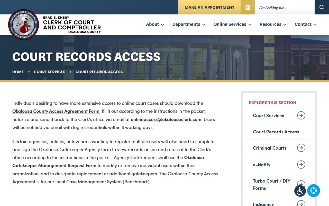 Okaloosa County Clerk court records search page