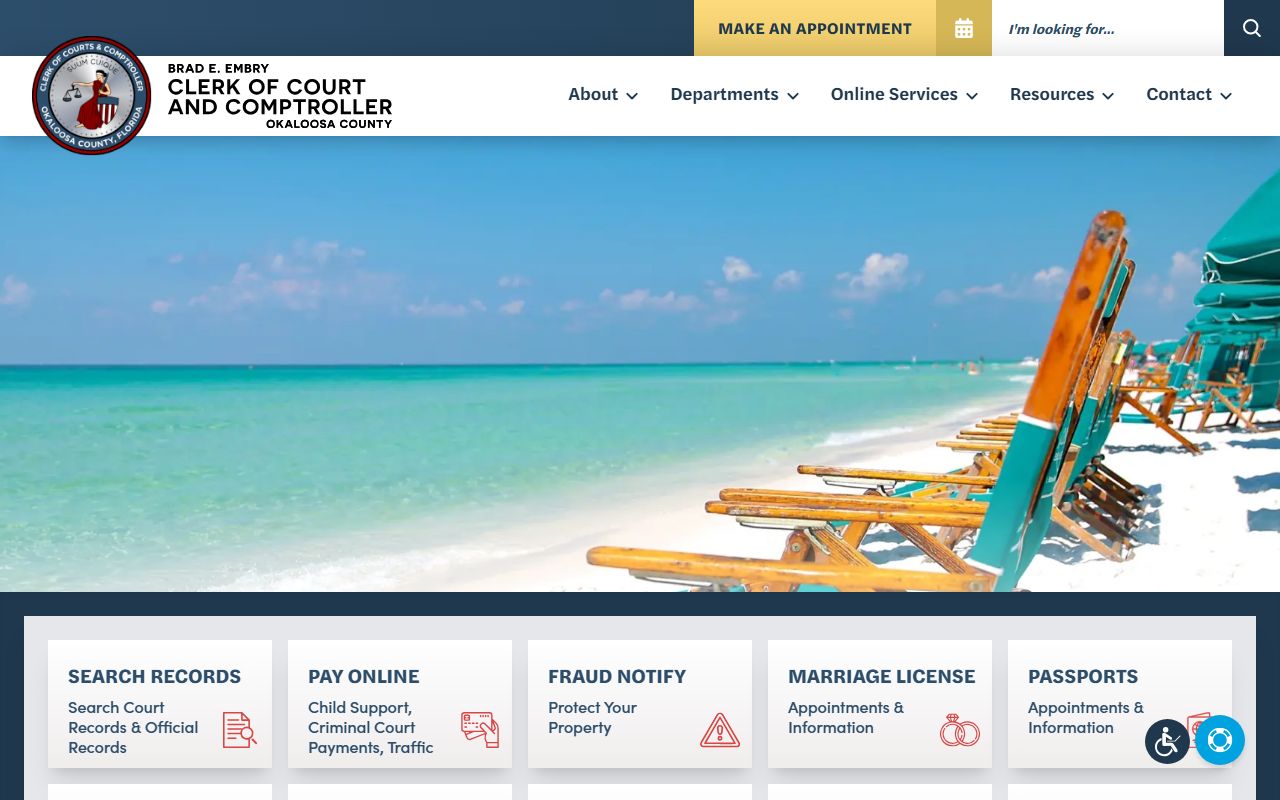 Okaloosa County Clerk of Court homepage for criminal history records access