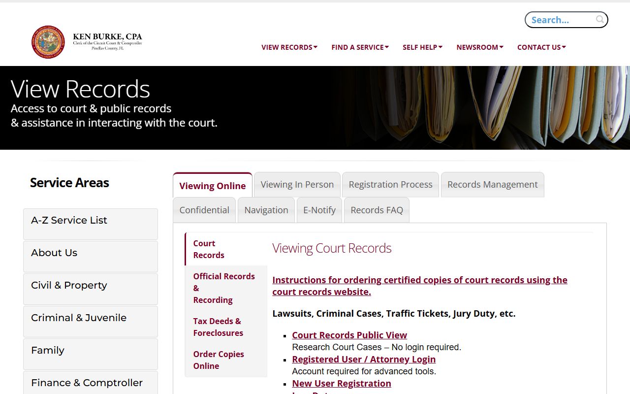 Pinellas County Clerk court records search page