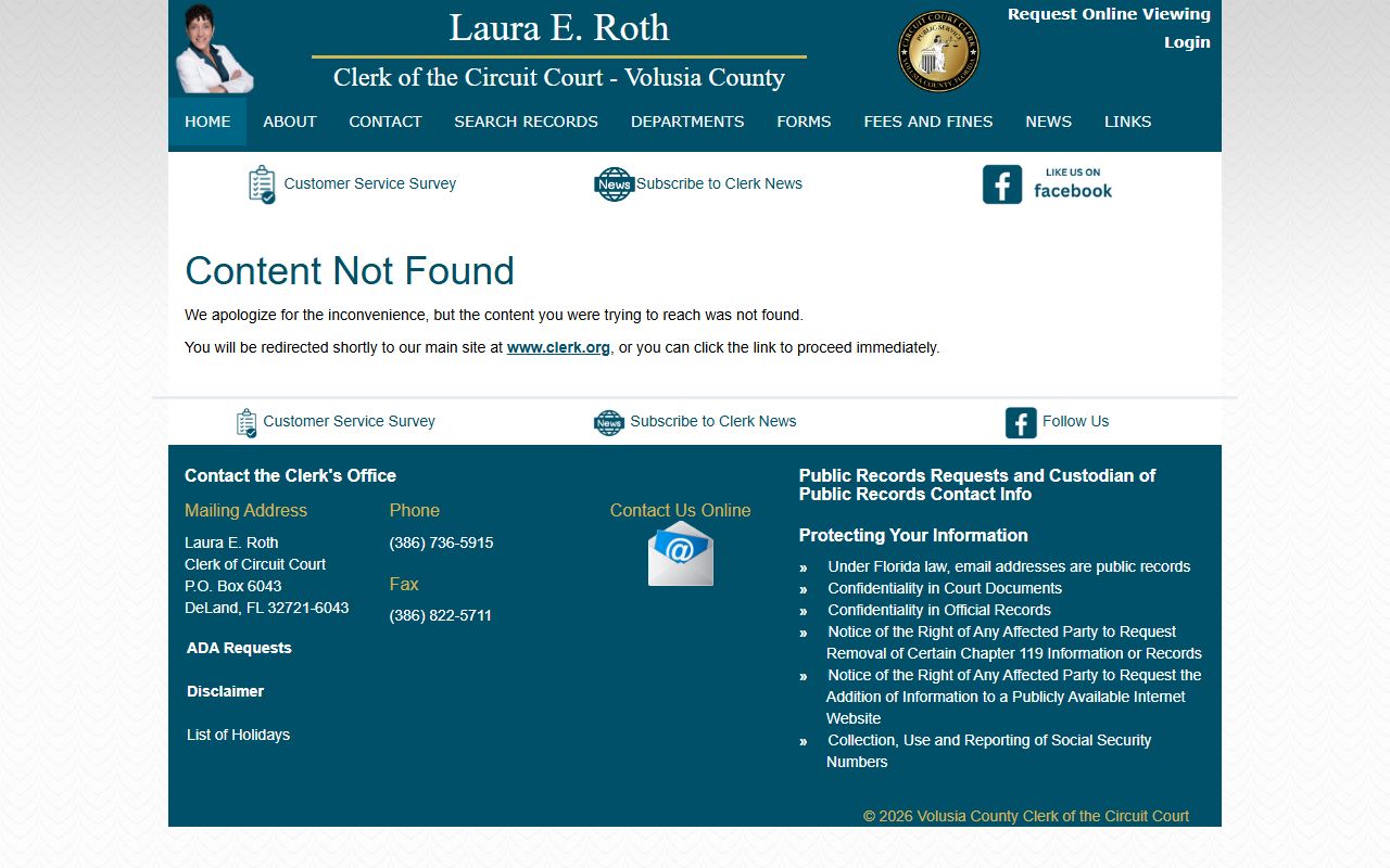Volusia County Clerk court records search page