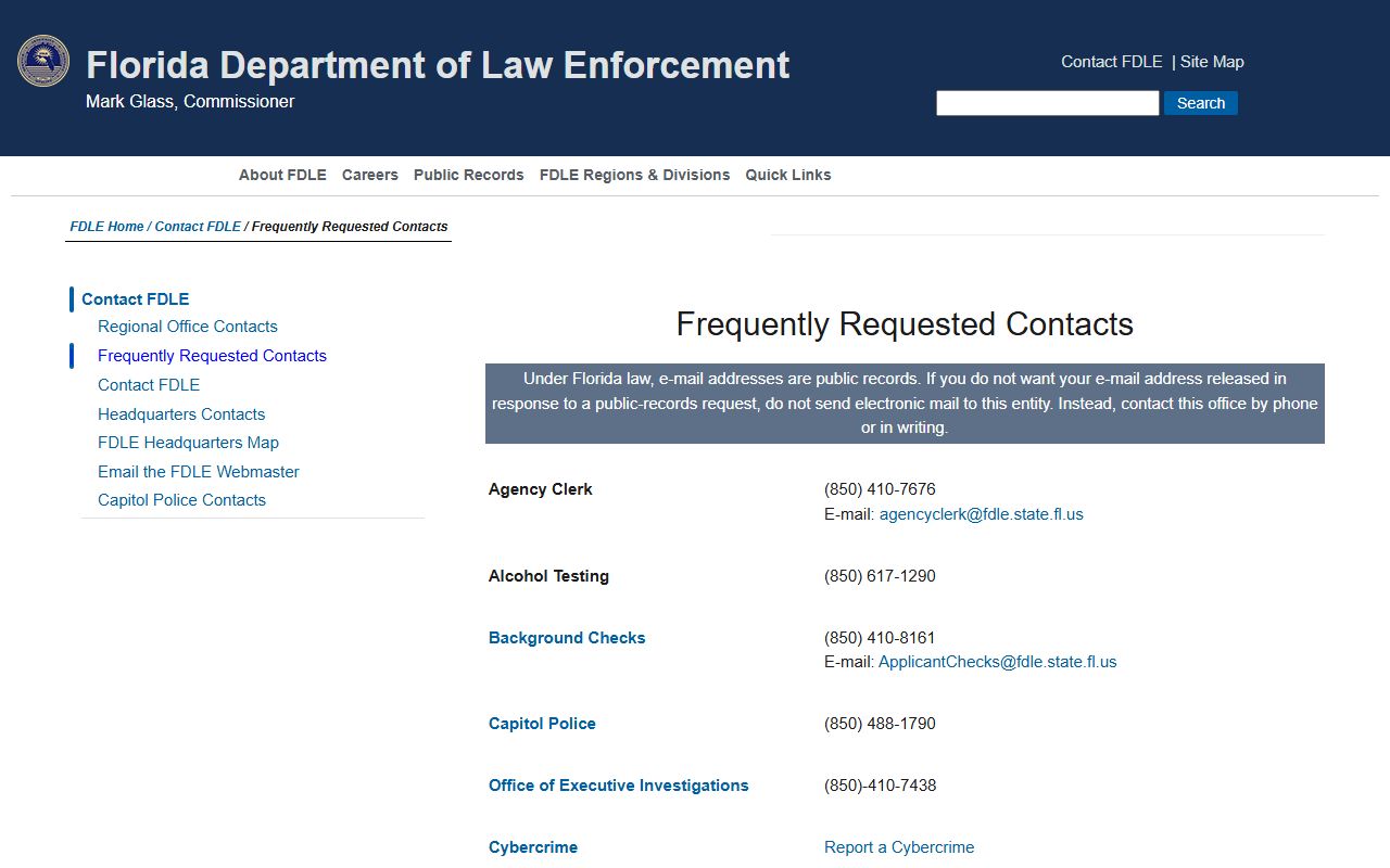 FDLE contact information for Florida criminal history services