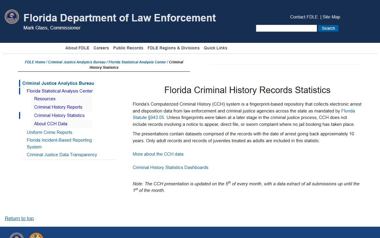 FDLE CCH statistics showing Florida criminal history system data