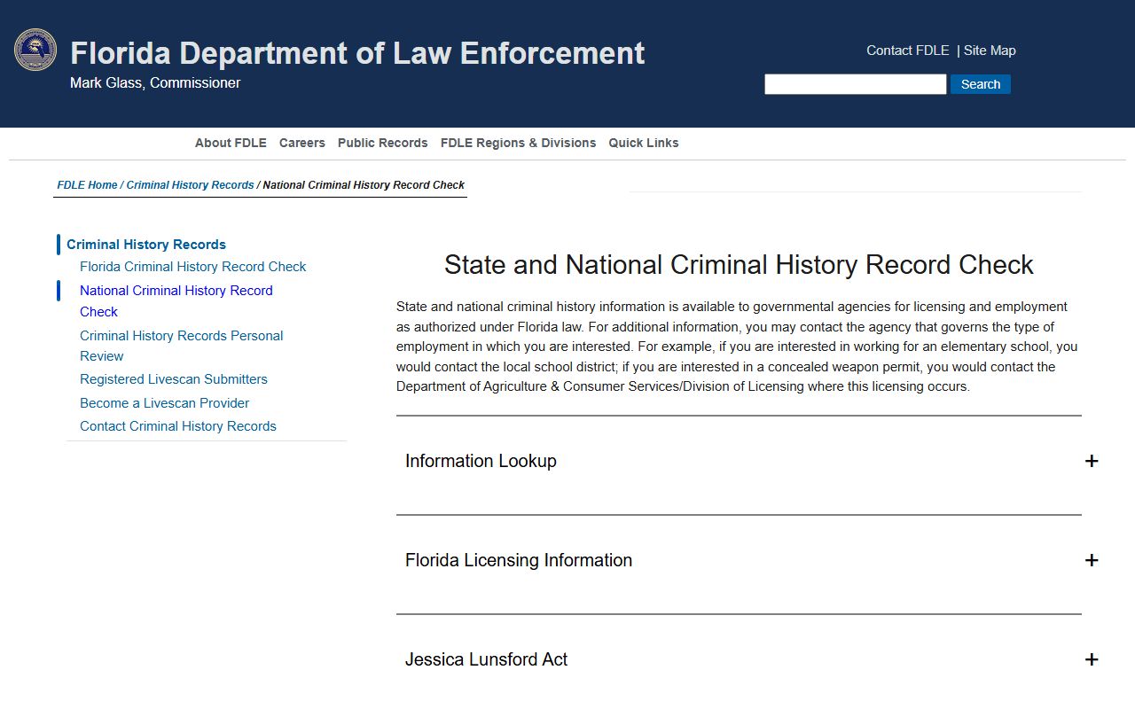 FDLE national criminal history check information page