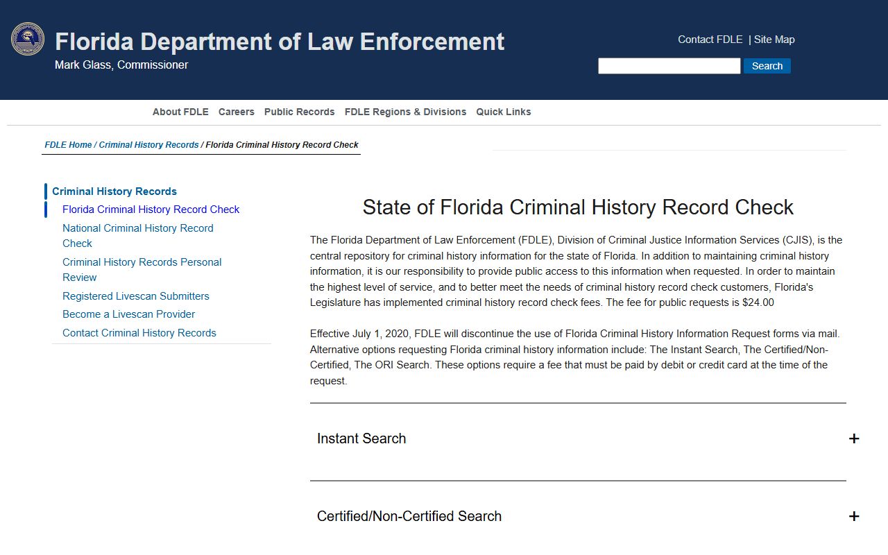 FDLE search options page showing instant and certified Florida criminal history search choices